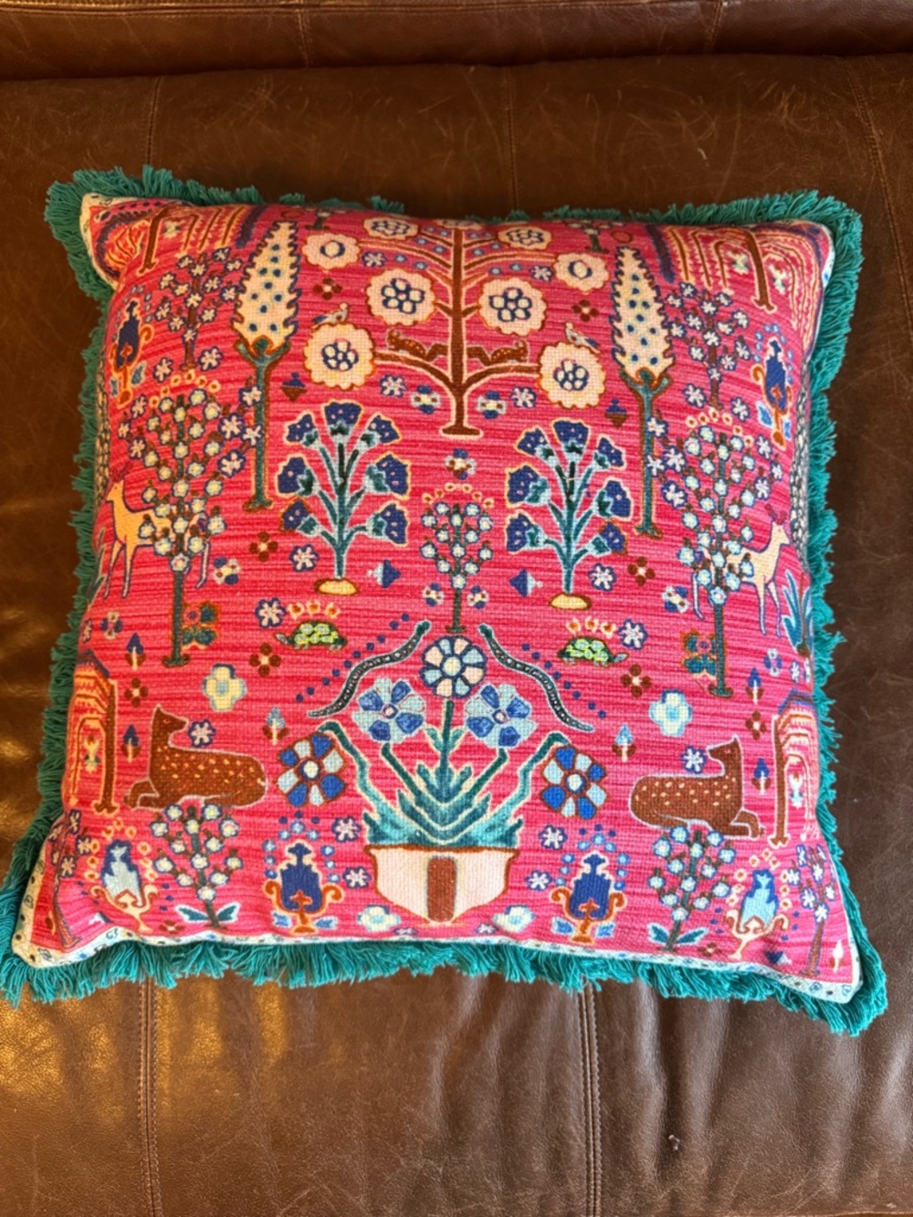 Vibrant Pink Floral Embroidered Fringe Pillow
